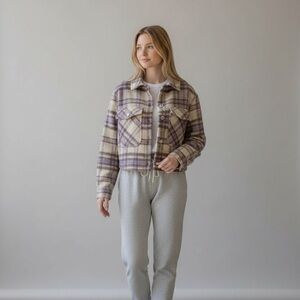 Zara Purple and Cream Plaid Utility Jacket